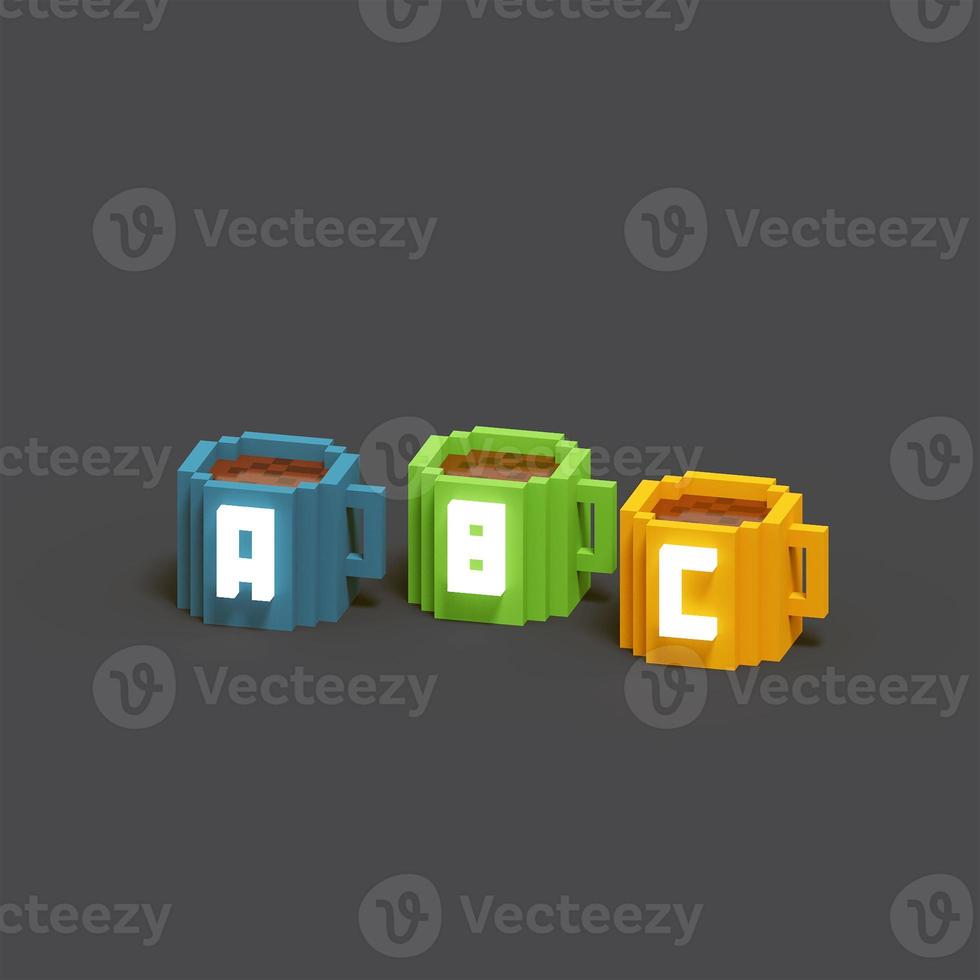 3d voxel-weergave van alfabet koffiekopje illustratie met blauw, groen, oranje, wit en grijs kleurenschema. perfect voor illustratie op banner voor drankpromotie foto