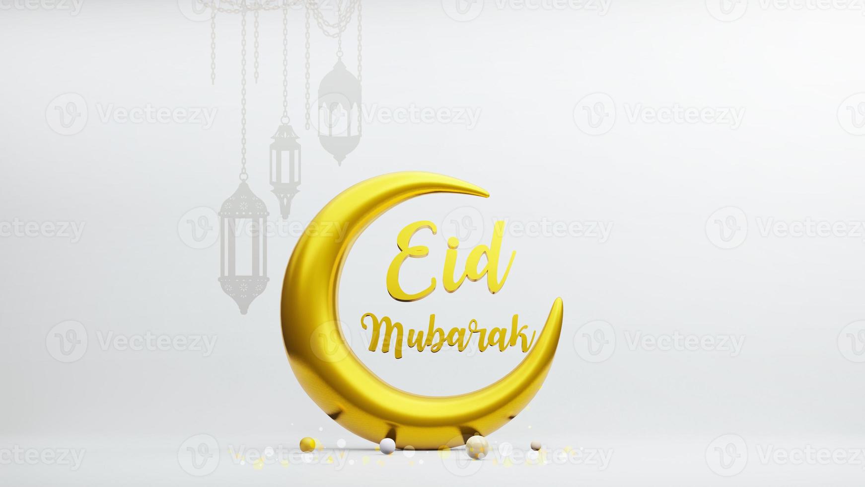 wassende maan symbool van de islam met eid mubarak alfabet, 3D-rendering foto
