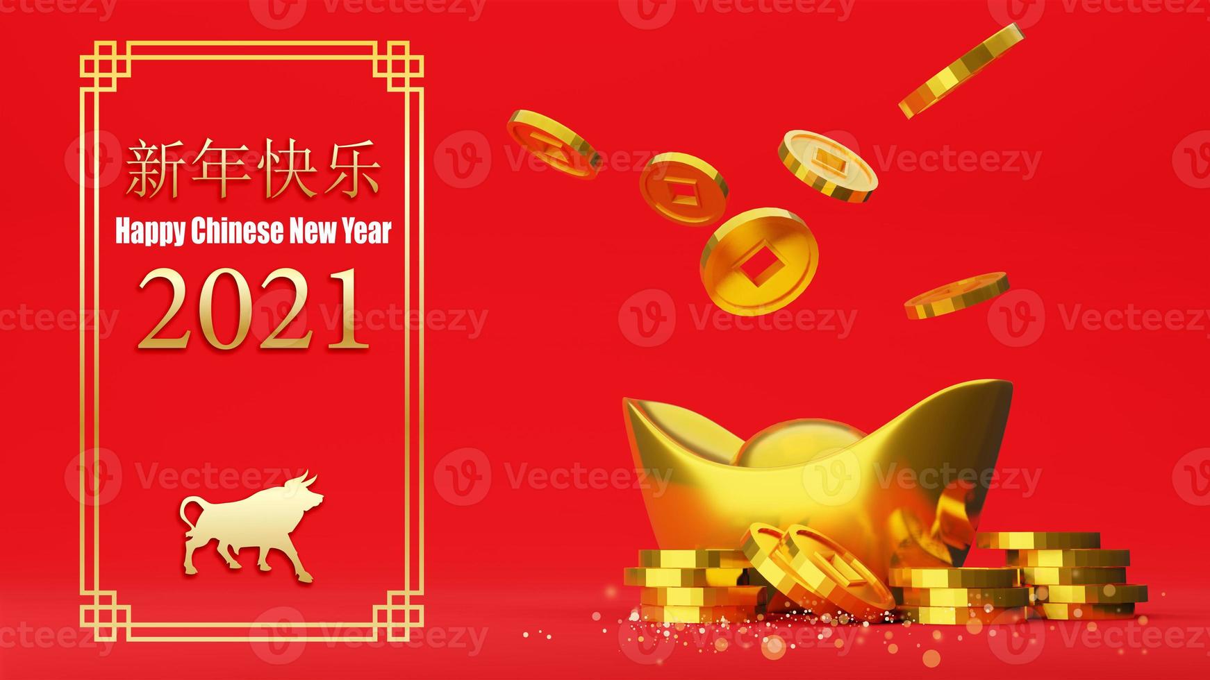 Gelukkig Chinees Nieuwjaar met gouden munten en Chinese goudstaaf op rode achtergrond, 3D-rendering foto