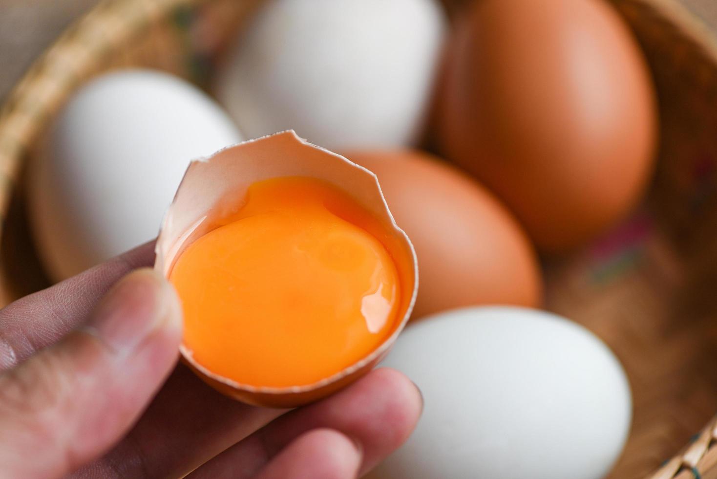 kippeneieren en eendeneieren verzamelen van boerderijproducten natuurlijk in een mand gezond eetconcept vers gebroken eigeel. foto