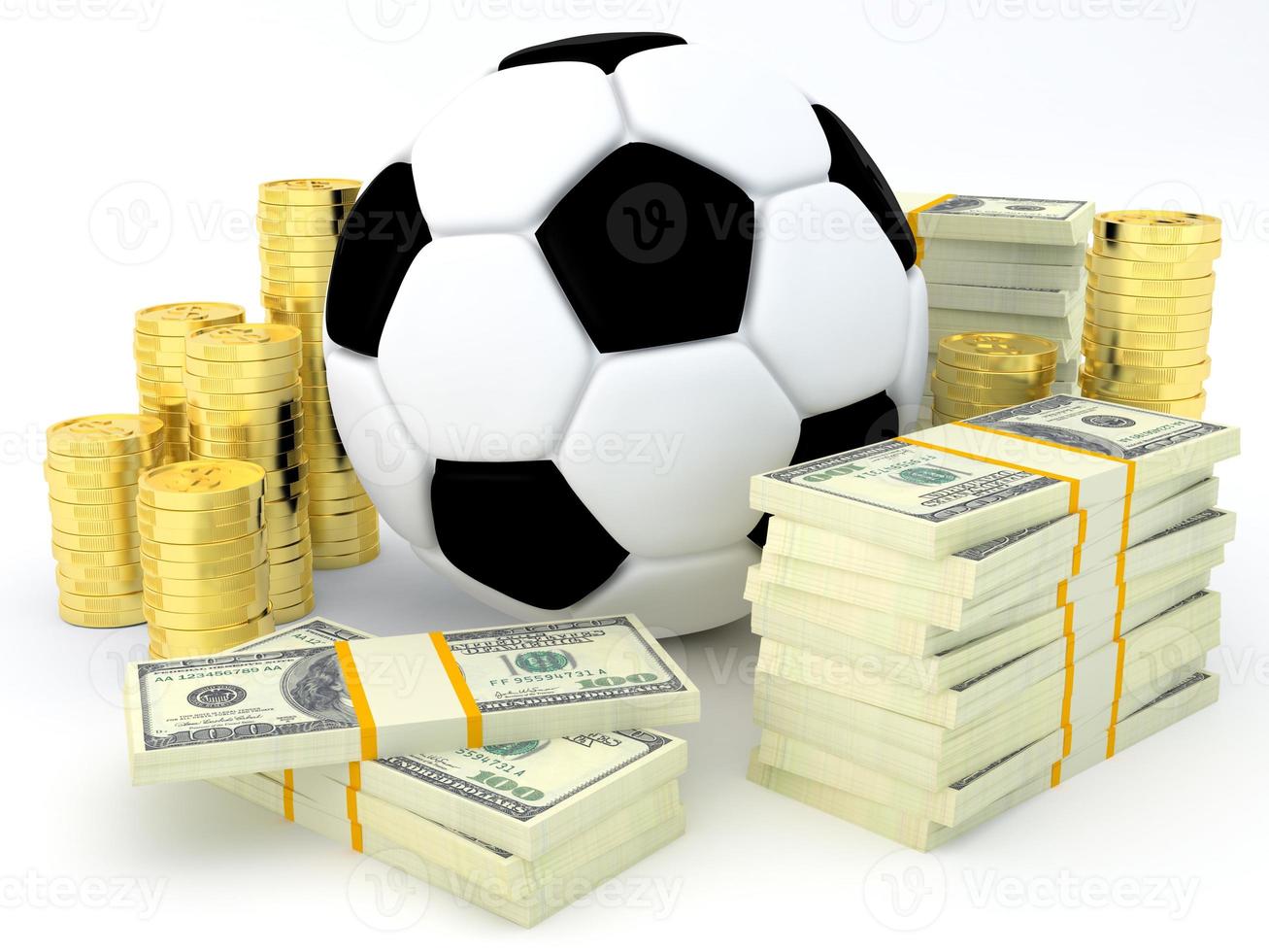 sportweddenschappen concept - voetbal met bankbiljetten en munten - 3d render foto