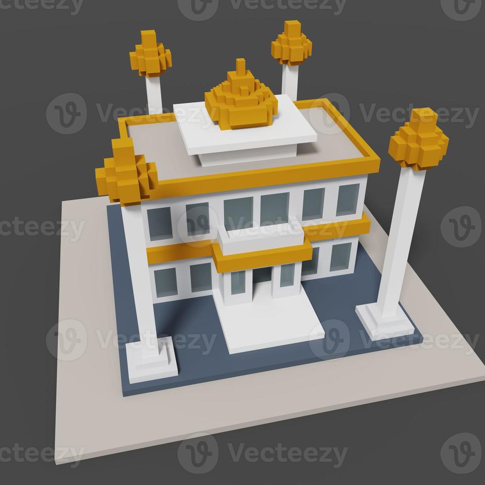 3D-voxelweergave van moskeeillustratie met geel, wit en grijs kleurenschema. perfect voor islamitisch evenement en wenskaartbanner foto