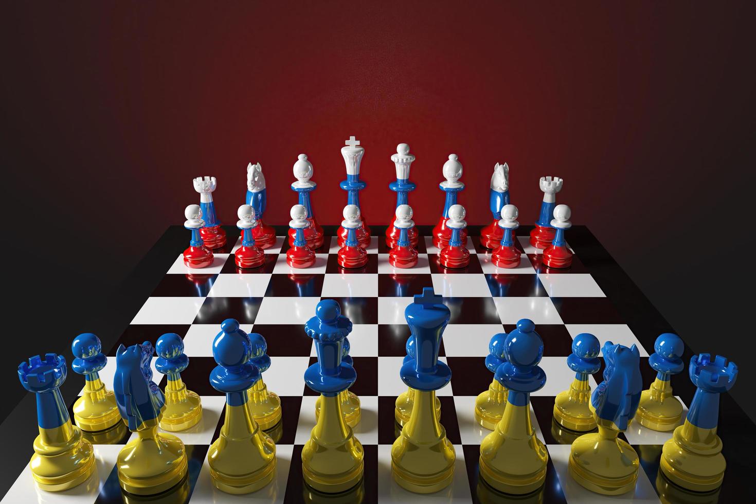 schaakbordspel de stukken zijn kleurrijk met Oekraïense en Russische ontwerpen, die het internationale politieke spel weerspiegelen. 3D-rendering foto