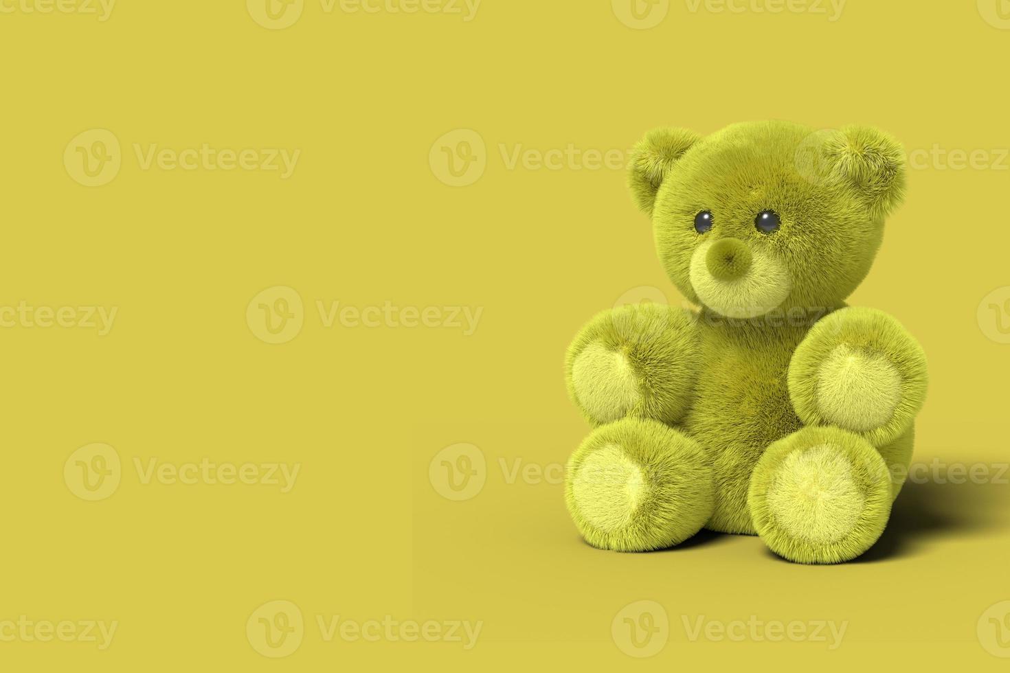 gele speelgoedbeer zit op de vloer op een gele achtergrond. abstracte afbeelding. minimaal concept speelgoed bedrijf. 3D render. foto