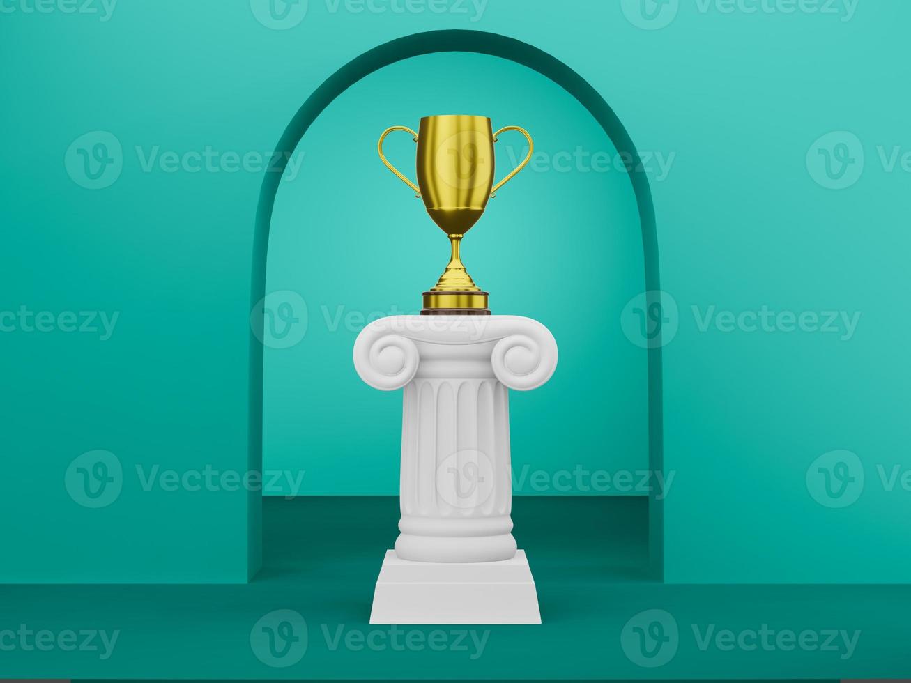 abstracte podiumkolom met een gouden trofee op de groene achtergrond met boog. de overwinningssokkel is een minimalistisch concept. 3D-rendering. foto