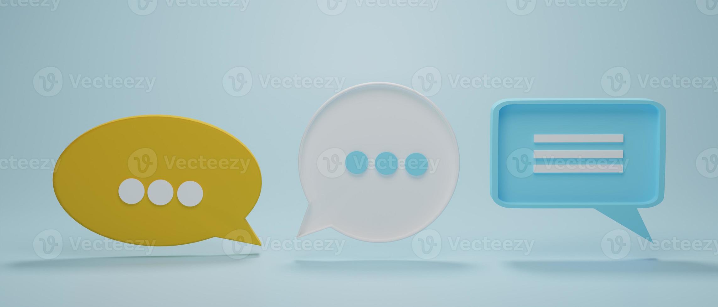 set van 3 chat bubble pictogram of tekstballonnen symbool op blauwe pastel achtergrond. concept van chat, communicatie of dialoog. 3D-rendering illustratie. foto