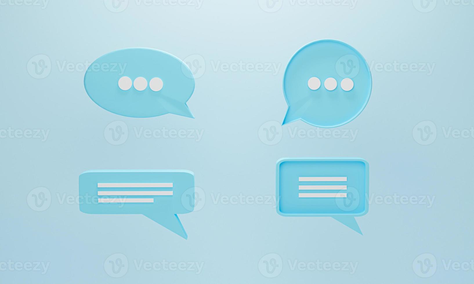 set van 4 chat bubble pictogram of tekstballonnen symbool op blauwe pastel achtergrond. concept van chat, communicatie of dialoog. 3D-rendering illustratie. foto