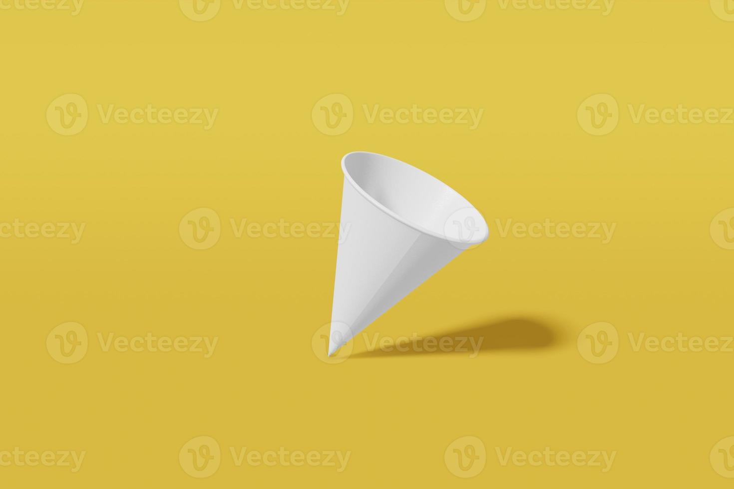 Witboek mockup beker kegel gevormd op een gele achtergrond. 3D-rendering foto