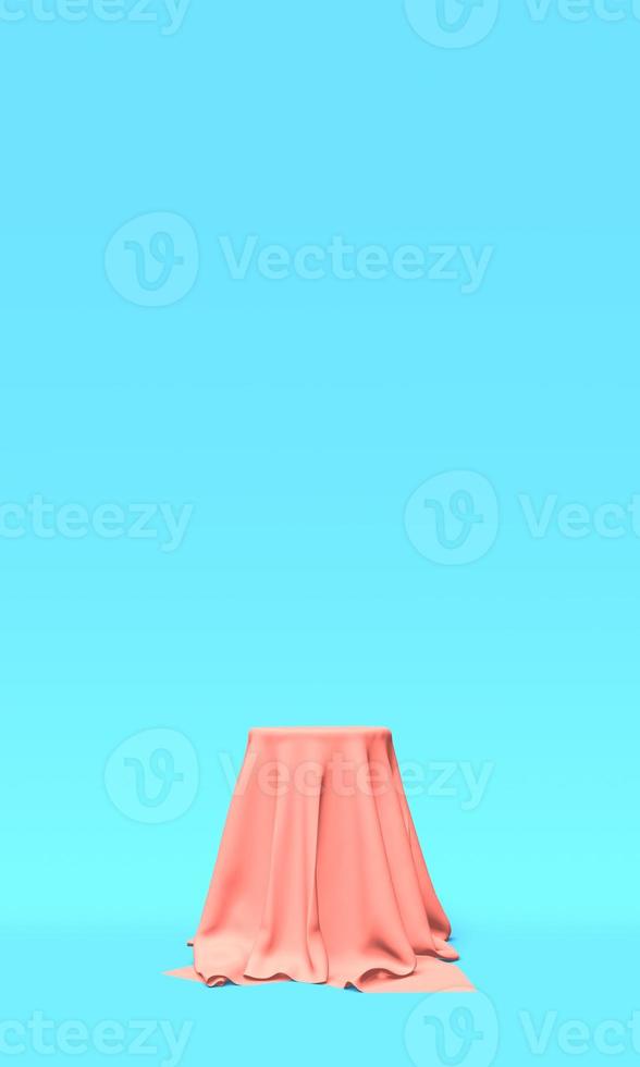 podium, voetstuk of platform bedekt met roze doek op blauwe achtergrond. abstracte illustratie van eenvoudige geometrische vormen. 3D-rendering. foto