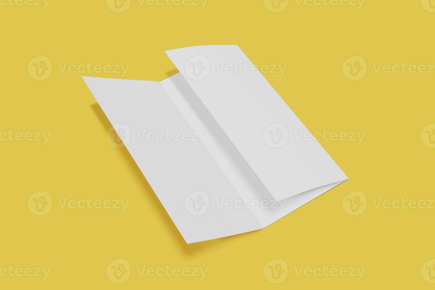 drievoudig boekje mockup open op een gele achtergrond. 3D-rendering foto