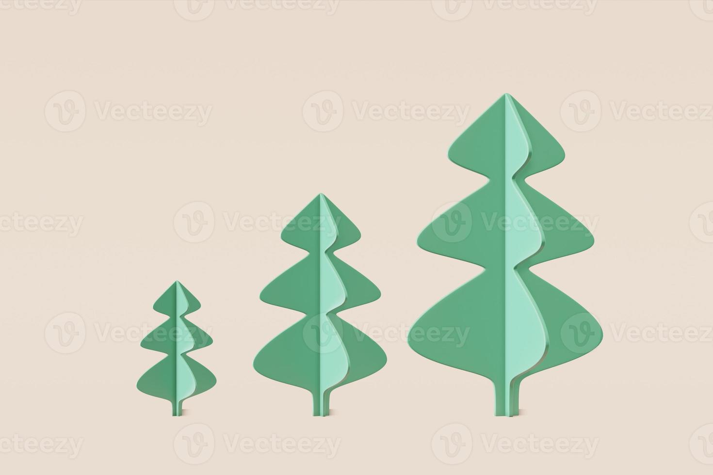 set kerstbomen stijlvolle vormen gemaakt van groen papier, hout. concept illustratie grenen op een licht beige achtergrond, wenskaart, felicitatie, uitnodiging. 3D-rendering foto