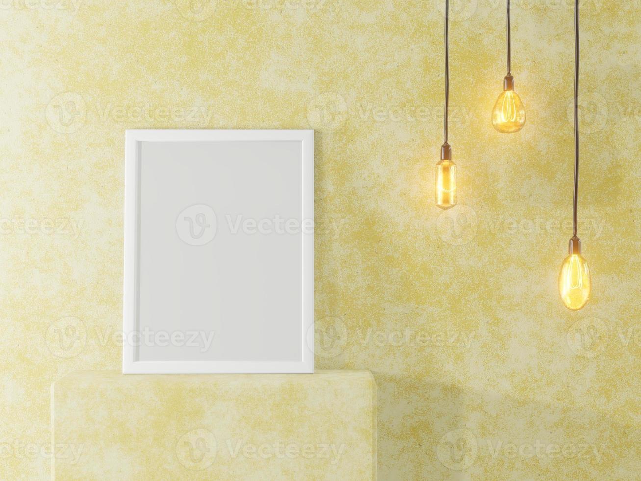 witte fotolijst op de achtergrond van een betonnen muur en vintage lampen. interieur in loftstijl. 3D-rendering foto