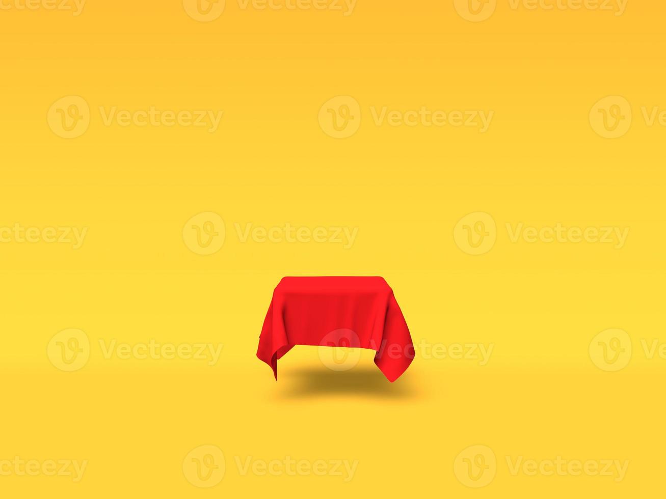 podium, voetstuk of platform bedekt met rode doek op gele achtergrond. abstracte illustratie van eenvoudige geometrische vormen. 3D-rendering. foto