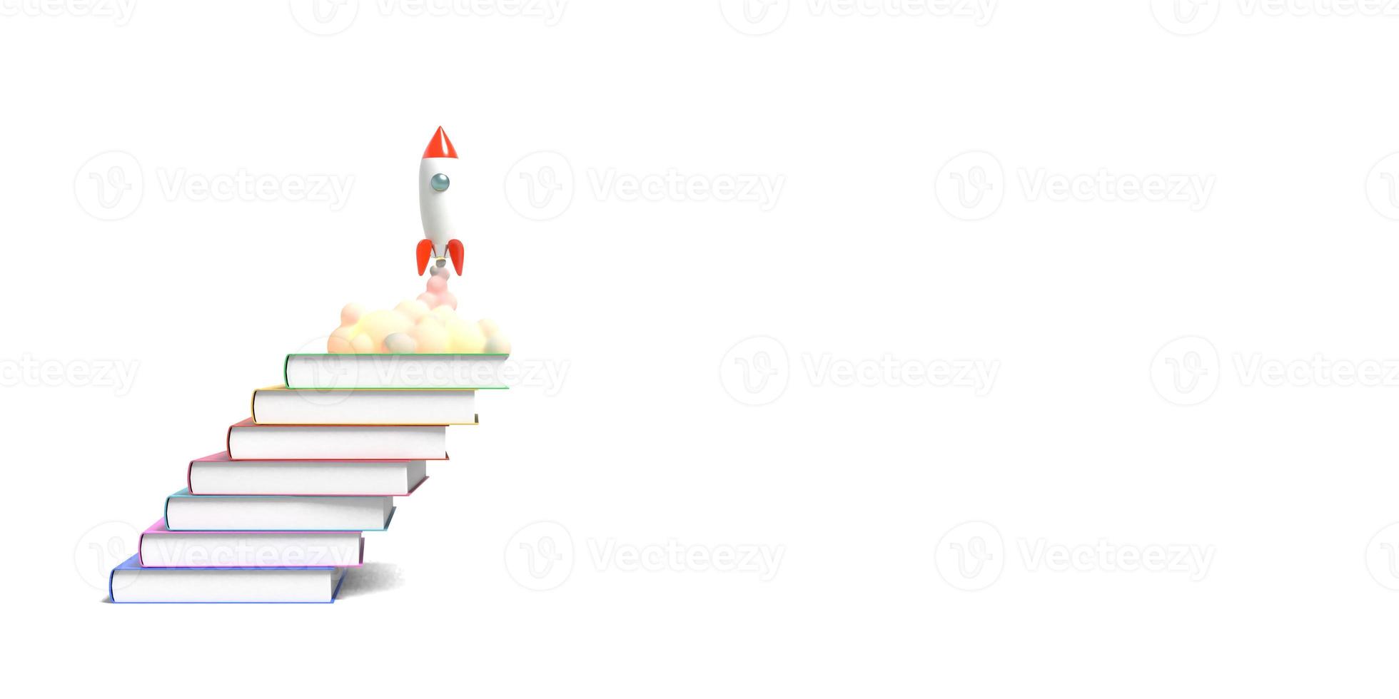 speelgoedraket stijgt op uit de boeken en spuwt rook op een witte achtergrond. symbool van verlangen naar onderwijs en kennis. school illustratie. 3D-rendering. foto