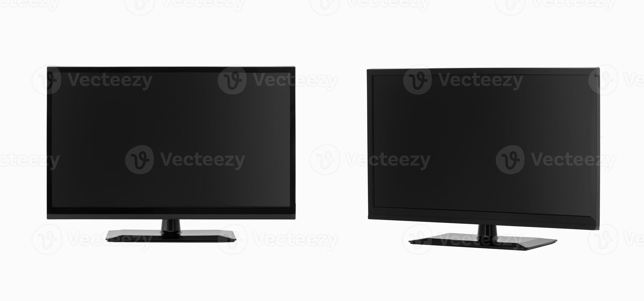 moderne lcd-flatscreen-tv met metalen poten in twee posities op een witte achtergrond foto