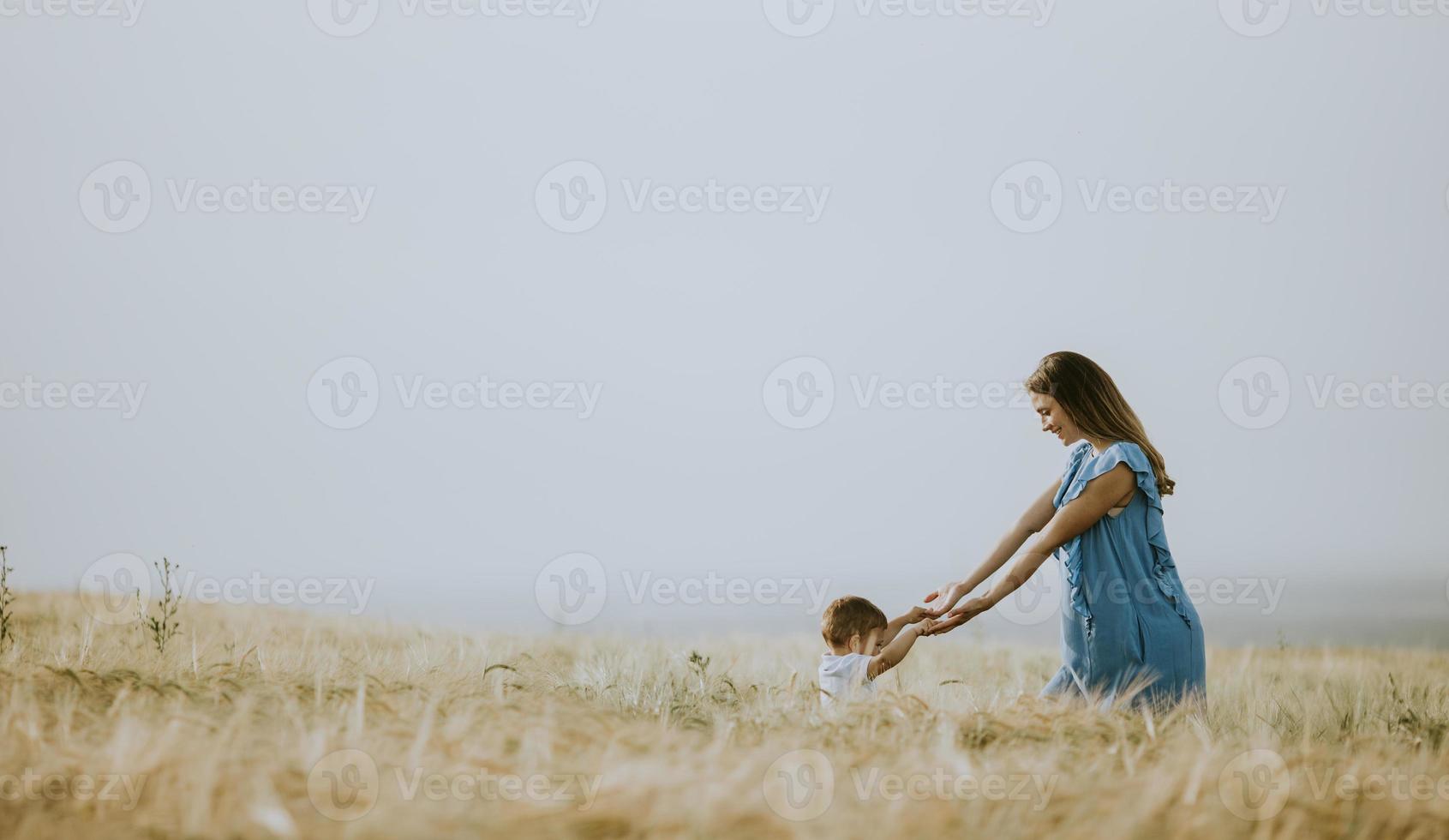 jonge zwangere moeder met haar schattige kleine jongen in het veld op een mooie zonnige dag foto