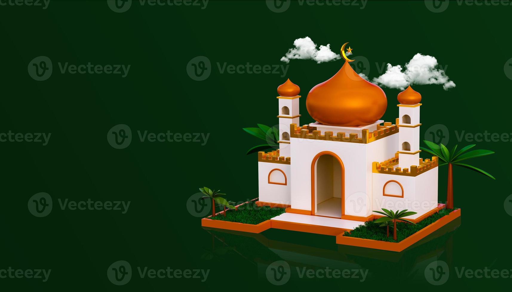 luxe ramadan groet achtergrond banner met 3d podium geschenkdozen en islamitische decoratie-objecten foto