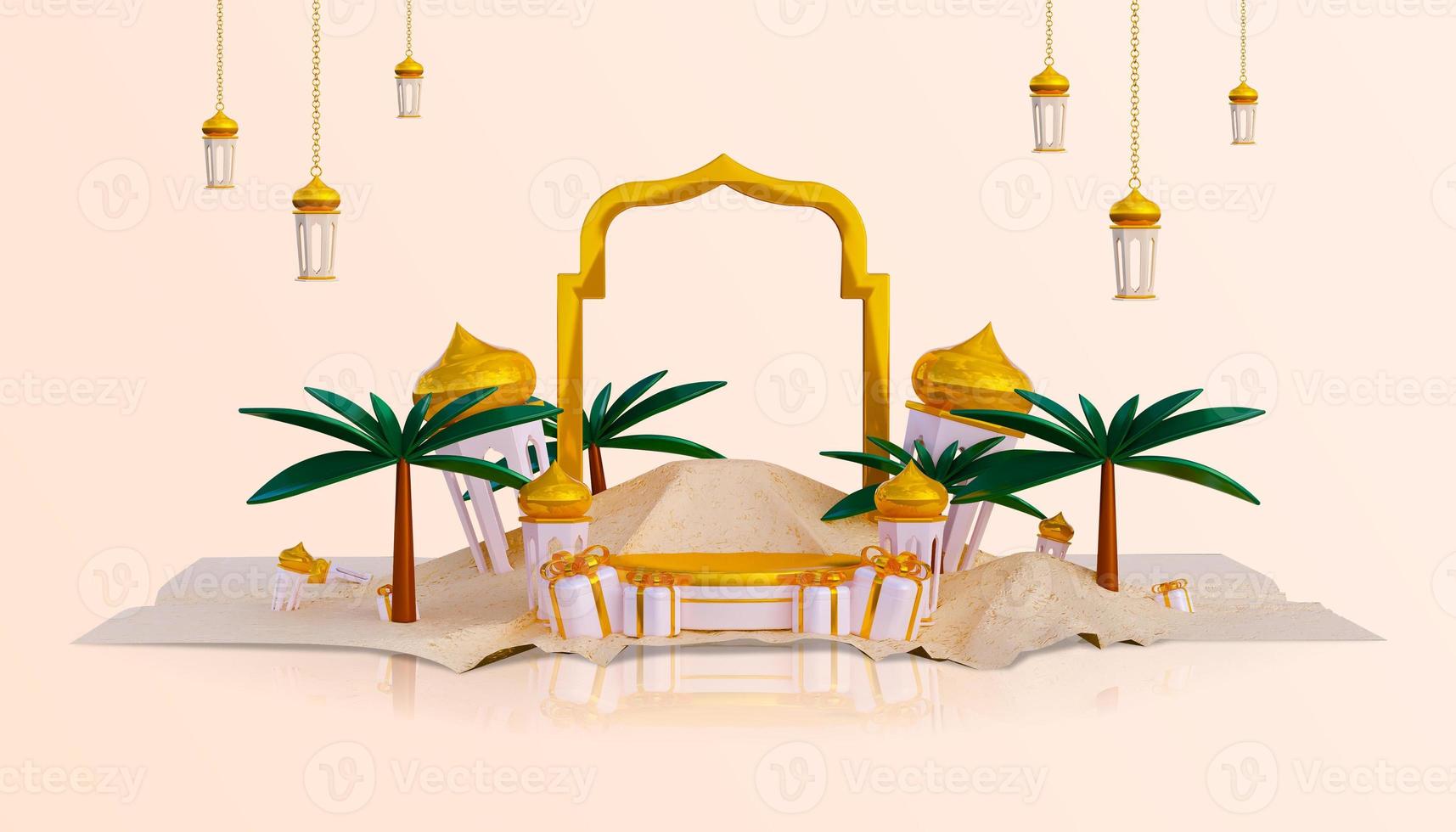 luxe ramadan groet achtergrond banner met 3d podium geschenkdozen en islamitische decoratie-objecten foto