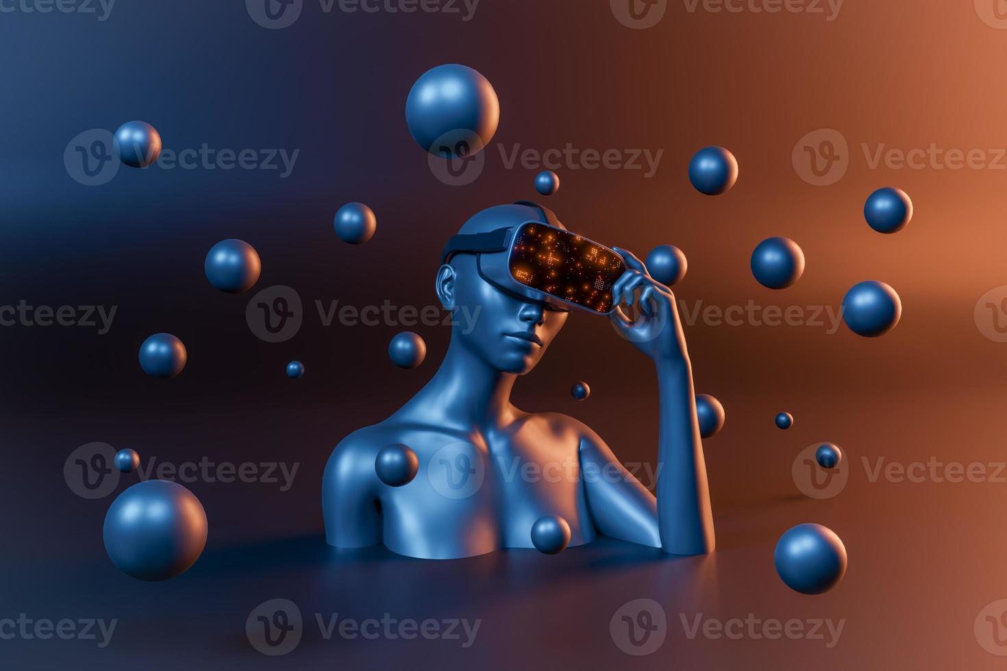 3D-vrouwelijke buste met virtual reality-bril en bollen eromheen foto