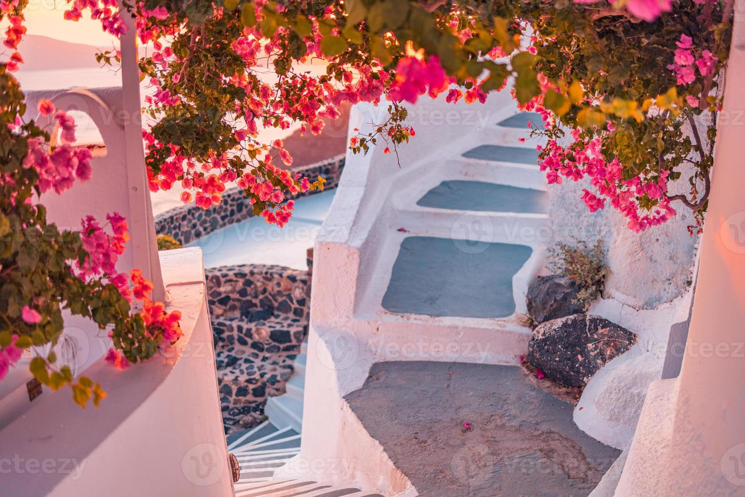 artistieke reisachtergrond. fantastisch zonsonderganglandschap van beroemde reis- en vakantiebestemming. luxe zomer avontuur concept. prachtig uitzicht op oia dorp, santorini, griekenland. trappen, bloemen foto