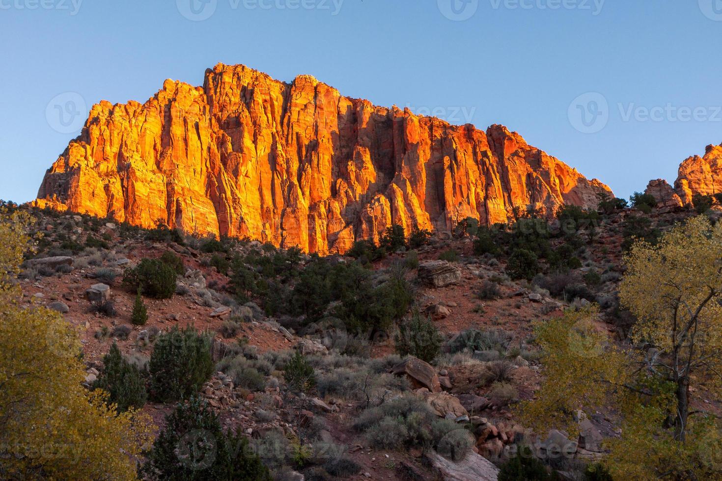 gloeiende rotswand bij zonsondergang in het nationale park van Zion foto