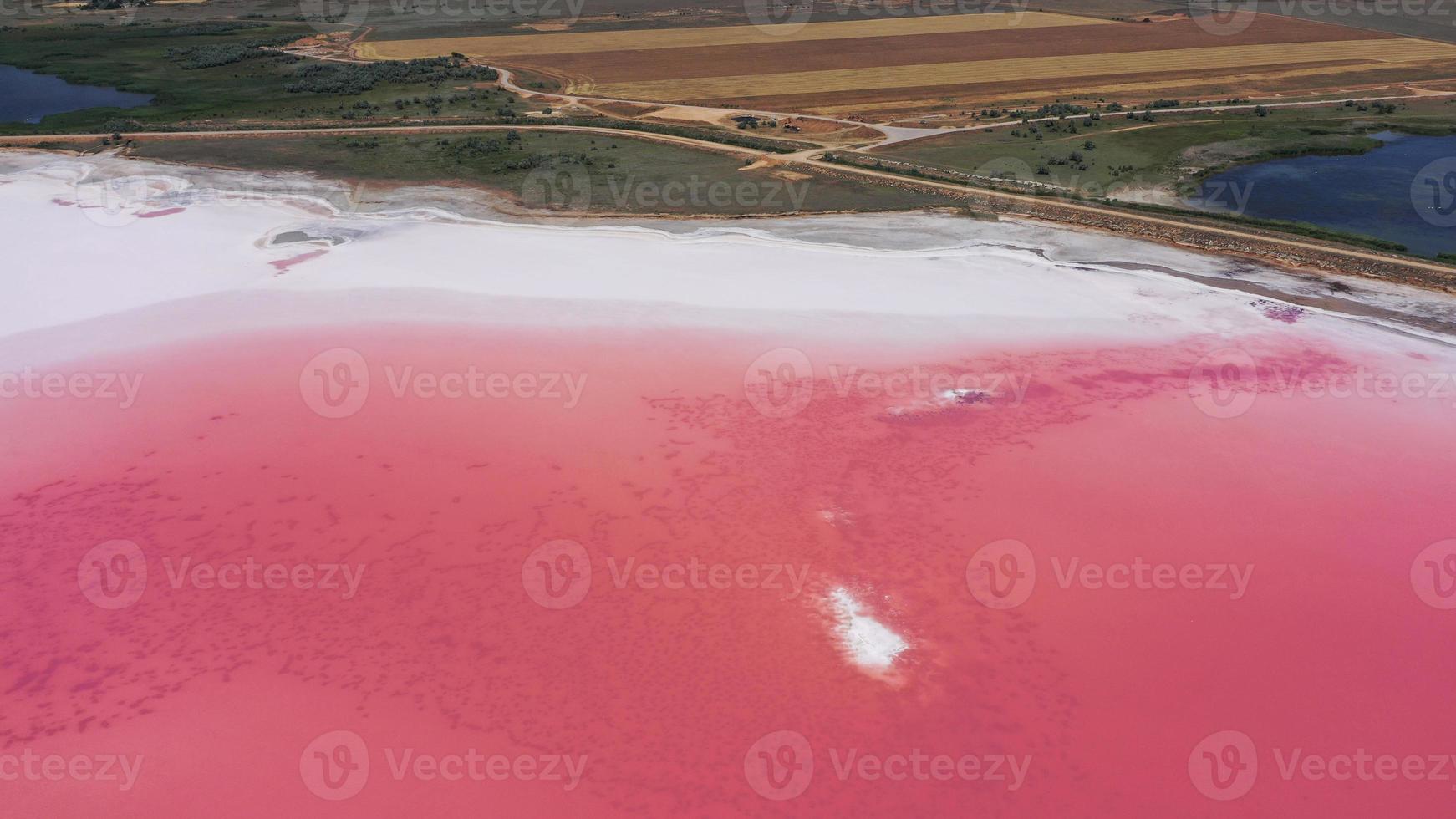 luchtfoto naar roze meer met zoute kust met kleine eilanden met kopieerruimte in oekraïne foto