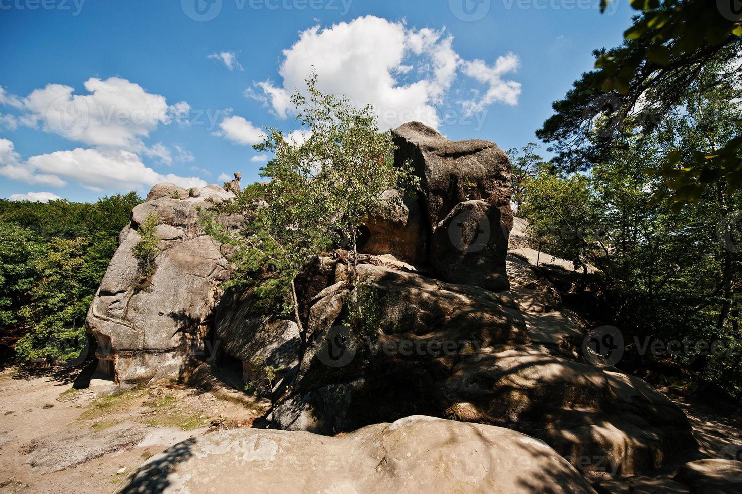 dovbush-rotsen, een groep natuurlijke en door de mens gemaakte structuren uitgehouwen in de rotsen in het westen van Oekraïne foto