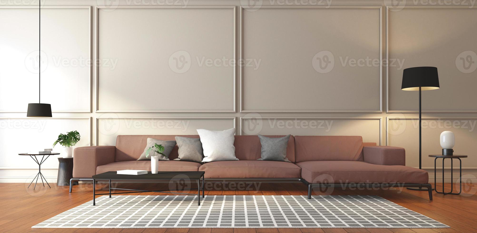 luxe woonkamer met moderne bank en salontafel, wandlijst en houten vloer. 3D-rendering foto