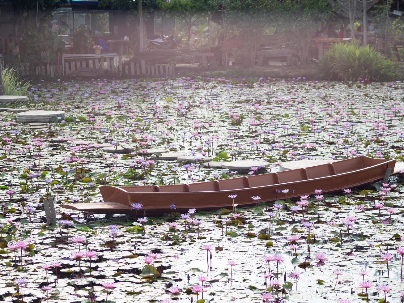 lotusvijver en houten boot foto