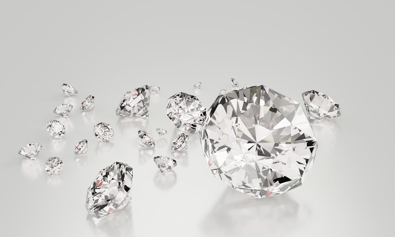 vele grootte diamanten op een witte achtergrond met reflectie op het oppervlak. 3D-rendering. foto