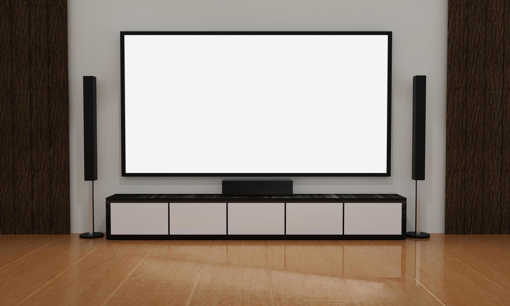 home theater op witte gips muur. tv met groot scherm en audioapparatuur voor mini-thuisbioscoop. witte bank en tafel op houten vloer. 3D-rendering. foto