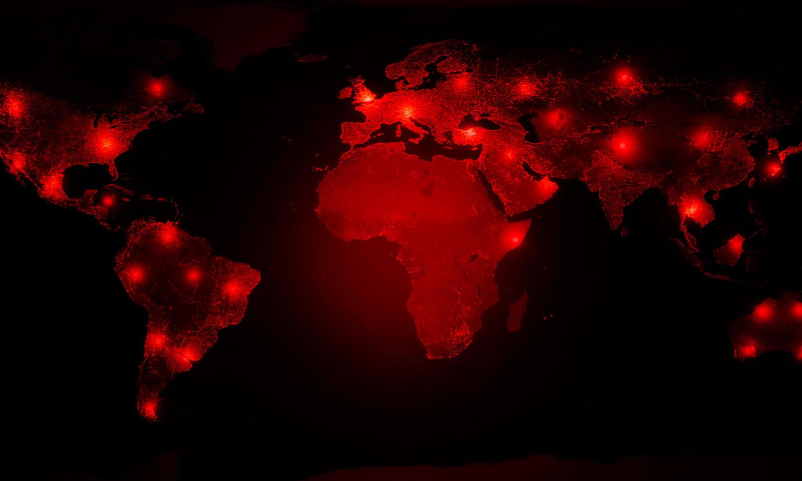 wereldkaart toont rode en hotspots voor covid-19 of coronaviruscrisis. covid-19 virus ncov-concept. corona virus uit wuhan, china crisisconcept. pandemie of virusinfectie concept foto