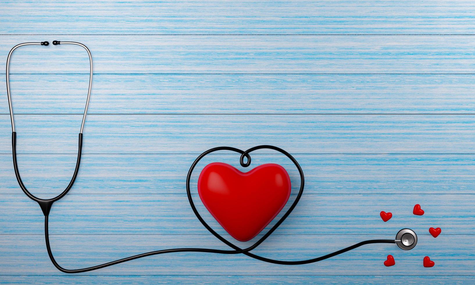 medische stethoscoop en hartpuls rood op de blauwe plankenvloer. kleine en grote rode hartvormige modellen. 3D-rendering. foto