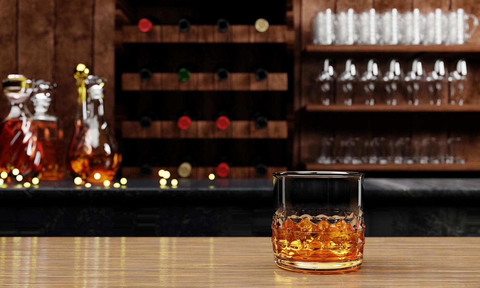 whisky of cognac, alcoholische dranken in transparante elegante fles. alcohol in helder glas op houten vloer tafel. meerdere wijnflessen vervagen achtergrond op toog restaurant 3D-rendering foto