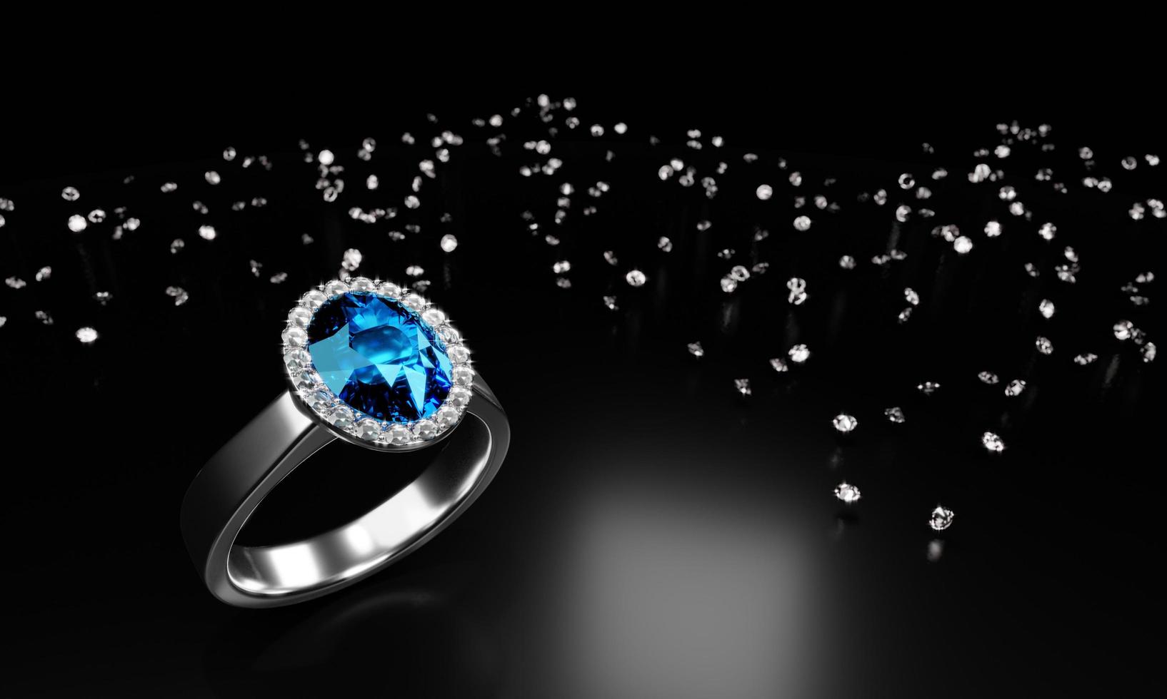 de grote ovale blauwe diamant is omgeven door vele diamanten op de ring gemaakt van platina goud geplaatst op een witte achtergrond. 3D-rendering foto