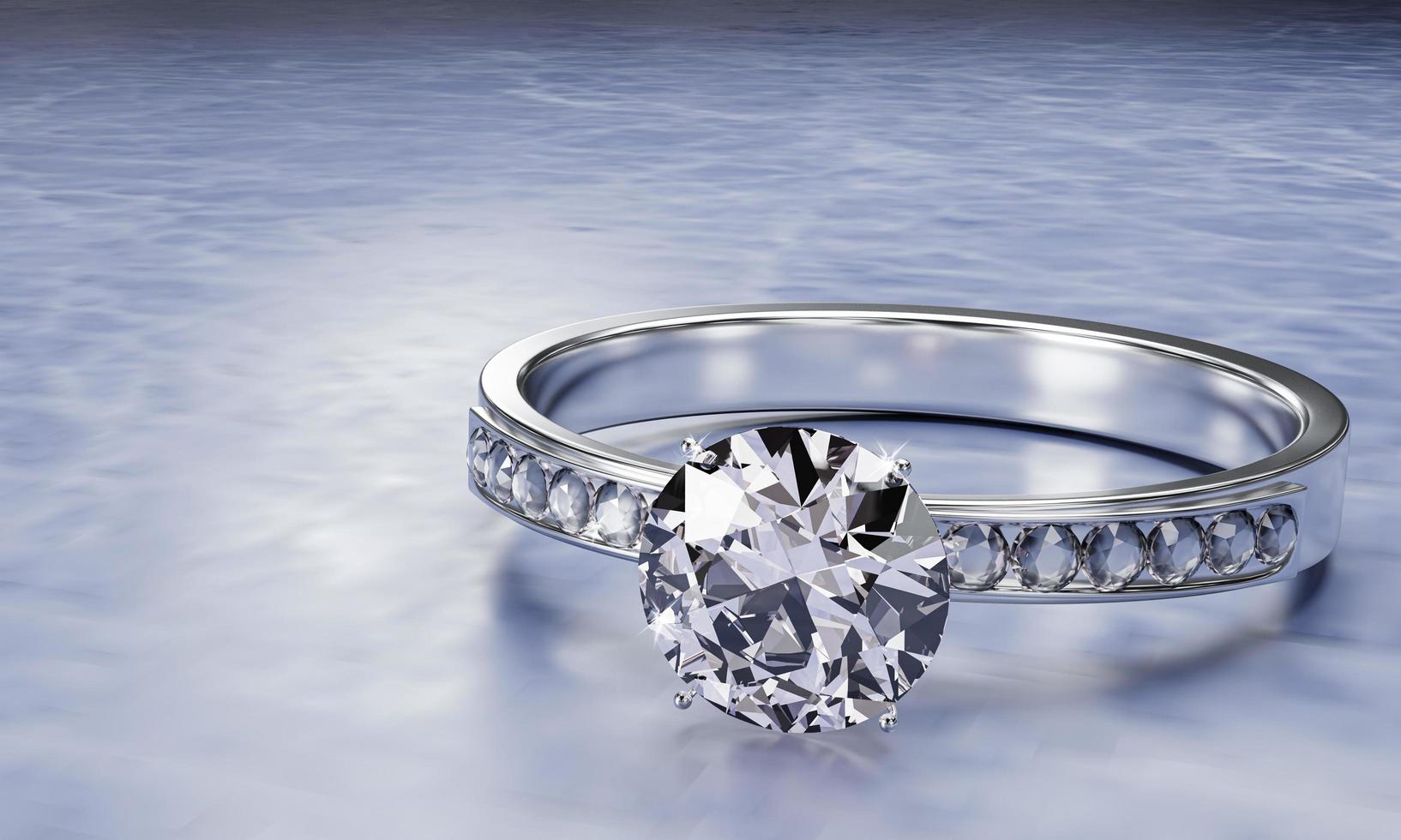 de grote diamant is omgeven door vele diamanten op de ring gemaakt van platina goud geplaatst op een grijze achtergrond. elegante trouwring met diamanten voor vrouwen. 3D-rendering foto