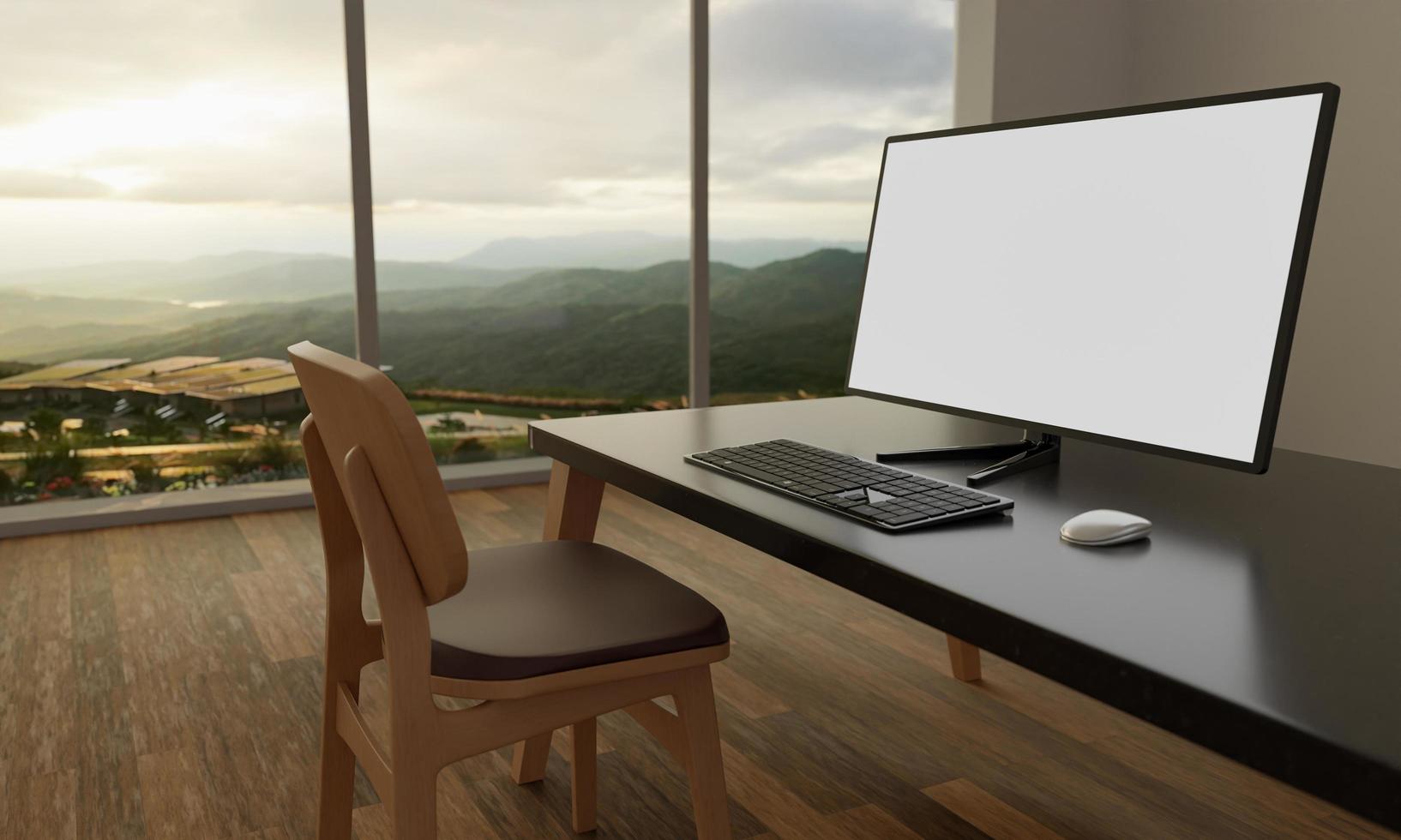 desktop of pc's blanco schermen voor kopieerruimte. houten stoelen en open bureaus er staat een computer. de vloer van de kamer is gemaakt van parket. Glazen raam uitzicht op de bergen en ochtendzon. 3D-rendering foto