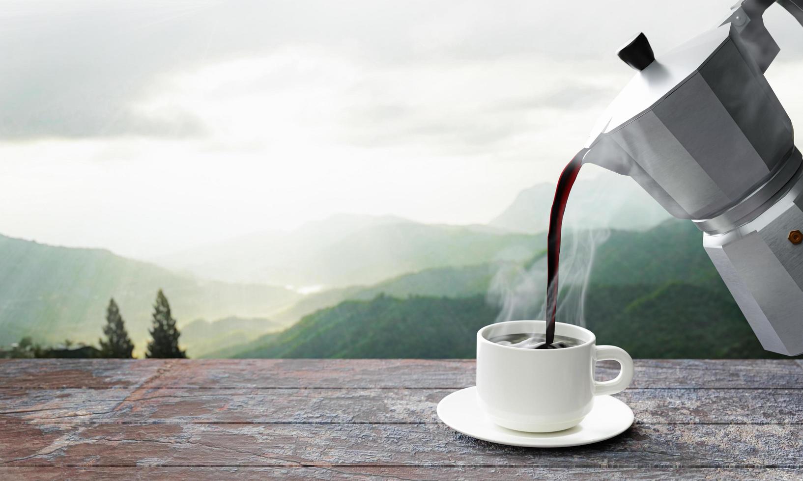 giet vers gezette koffie of espresso uit de mokkapot in een witte koffiemok. hete koffie in een mok op het tafelblad of houten balkon. ochtend uitzicht op de bergen, ochtendzon. 3D-rendering foto