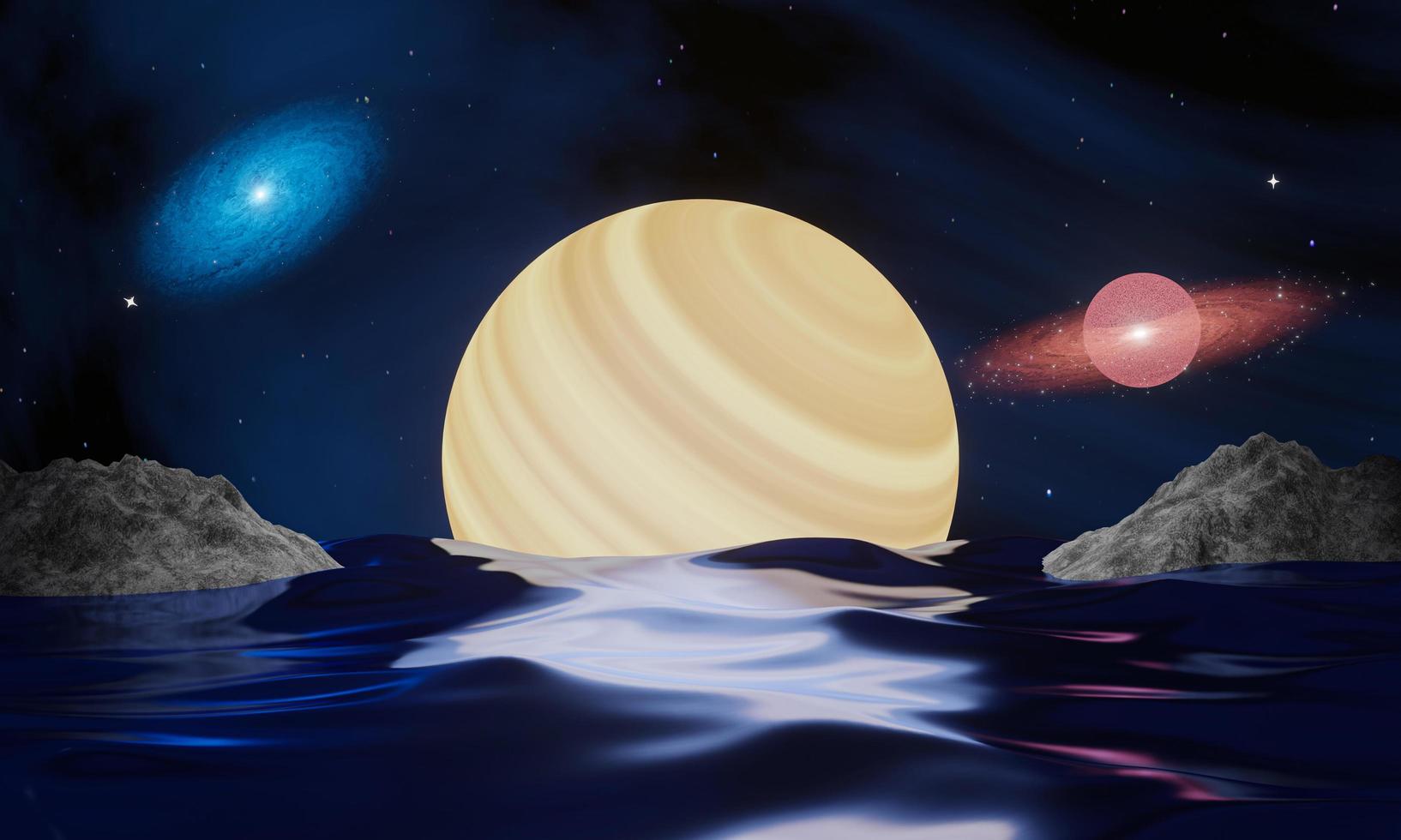 science-fiction, sci-fi, sterrenstelsels. een hypothetisch beeld van een ster of maan met reflecties in water. zeegolven of oceanen met schaduwen en reflecties van sterren. fantasie landschap. 3D-rendering. foto