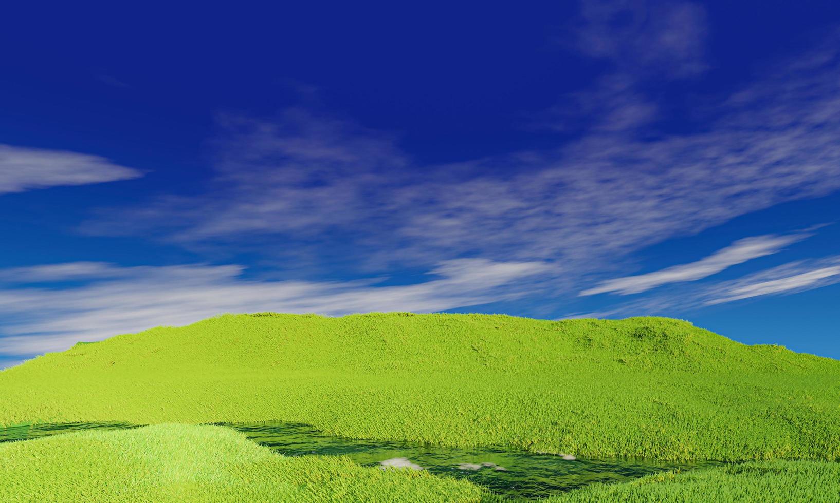 blauwe lucht en mooie wolk met weide en zonneschijn. effen landschapsachtergrond voor zomerposter. het beste uitzicht voor vakantie. foto van groen grasveld en blauwe lucht met witte wolken