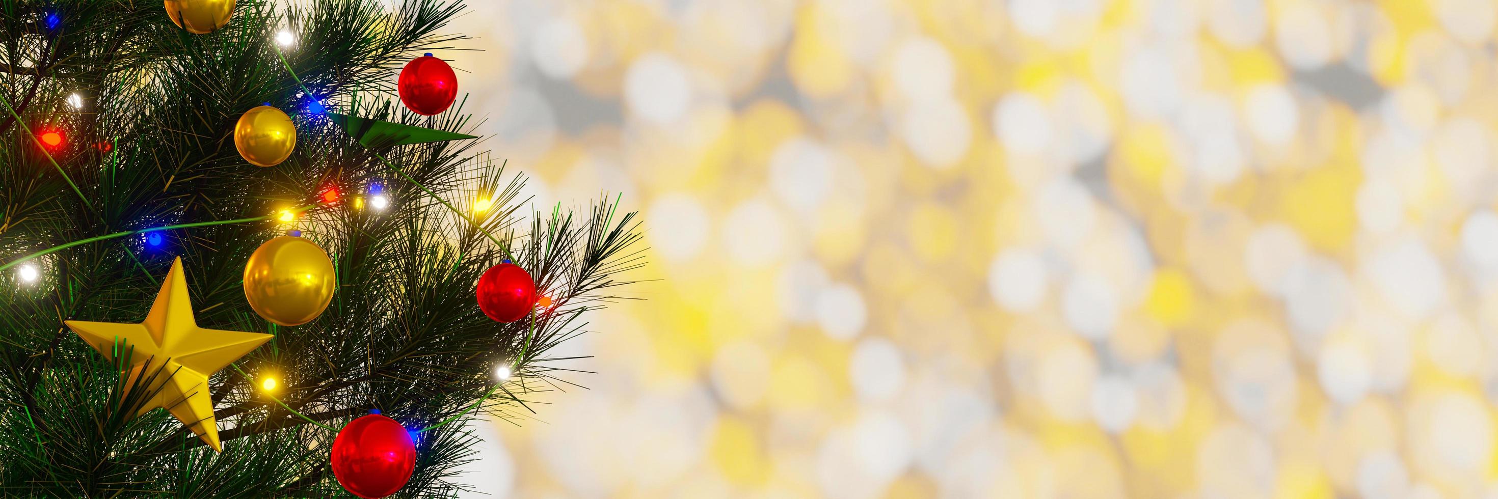 decoratieve dennenbomen voor het kerstseizoen, decoratieve ballen en zwaailichten, nieuwjaars- en kerstvieringen. glinsterende gouden lichte achtergrond bokeh vreugde. 3D-rendering. foto