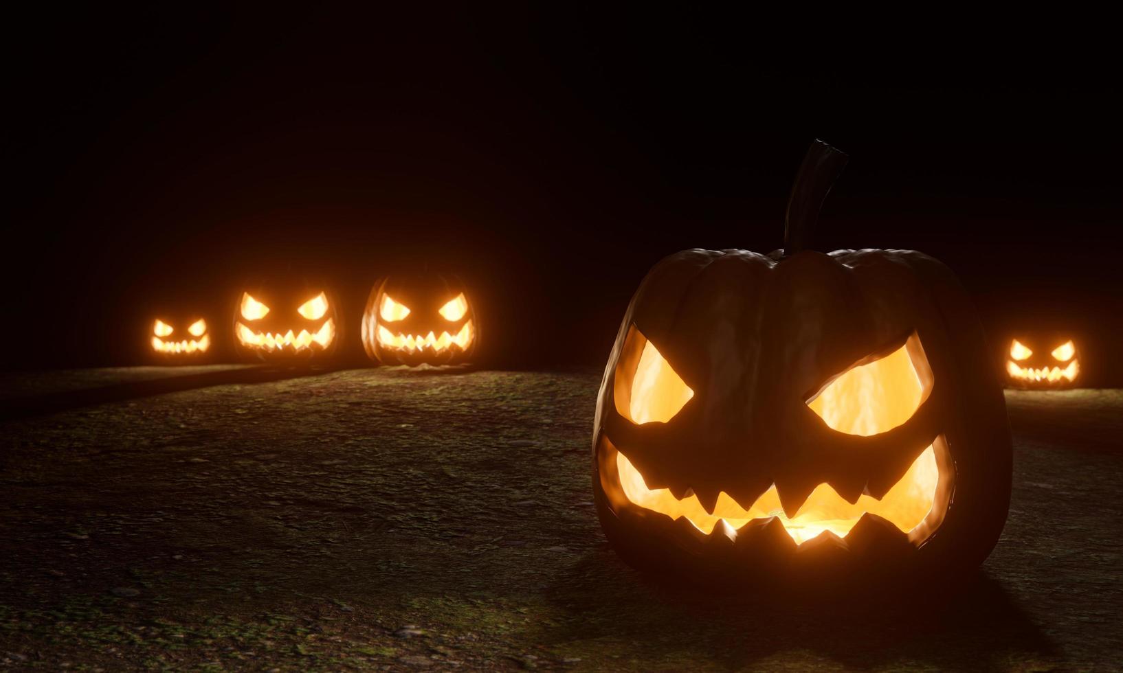 Halloween-pompoen. het gezicht van de demon had licht van binnenuit. de zwarte achtergrond en het licht dat van achteren schijnt. 3D-rendering foto