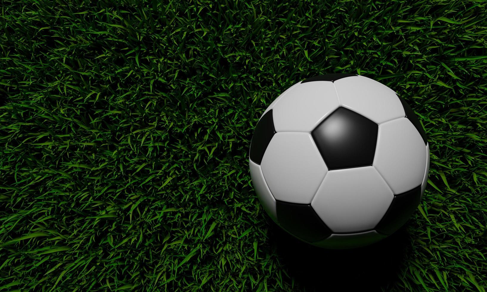 realistische voetbal of voetbal bal basispatroon op groen grasveld. 3D-stijl en weergaveconcept voor game en olympisch japan 2020. foto