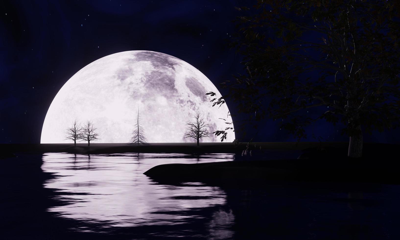 volle maan nacht, maar slechts de helft van de maan kan worden gezien. de reflectie van de maan op de rivier 's nachts. het boomsilhouet heeft de belangrijkste scène van de maan. heldere hemel, sterrenhemel.3D-rendering foto