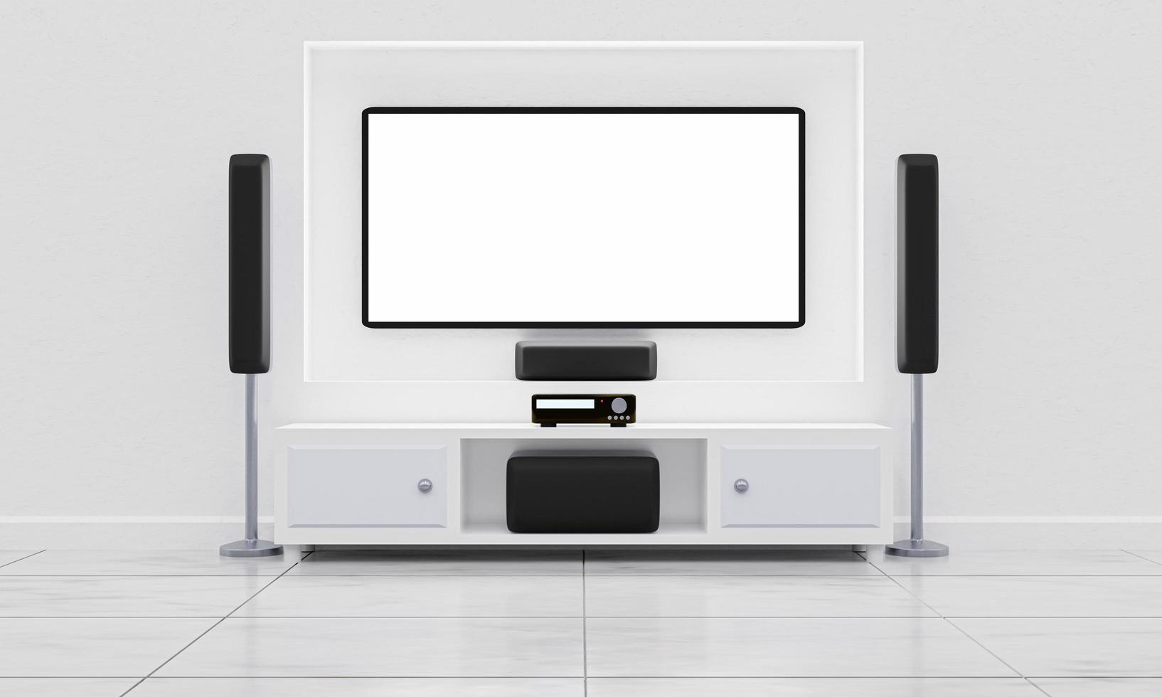 home theater en tv-scherm in de woonkamer. tv met groot scherm en audioapparatuur voor mini-thuisbioscoop met surround-luidsprekersysteem in de kamer met witte marmeren vloer. 3D-rendering. foto