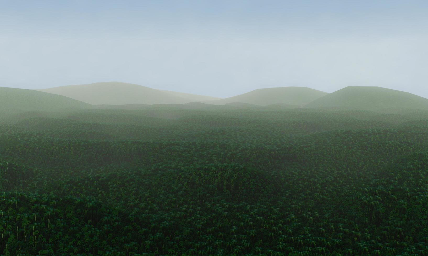 een uitgestrekt bos vol frisgroene bomen. uitgebreide regenwoudmist vervaagt in de ochtend. de ochtendzon schijnt op de bergen. 3D-rendering foto