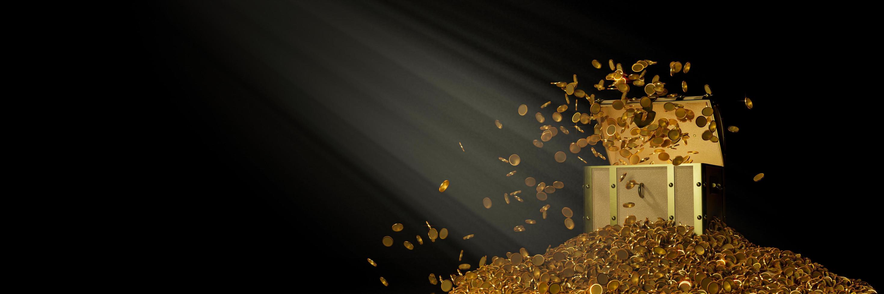 talloze gouden munten stroomden uit de schatkist. oude houten schatkist strak in elkaar gezet met verroeste metalen strips. 3D-rendering foto