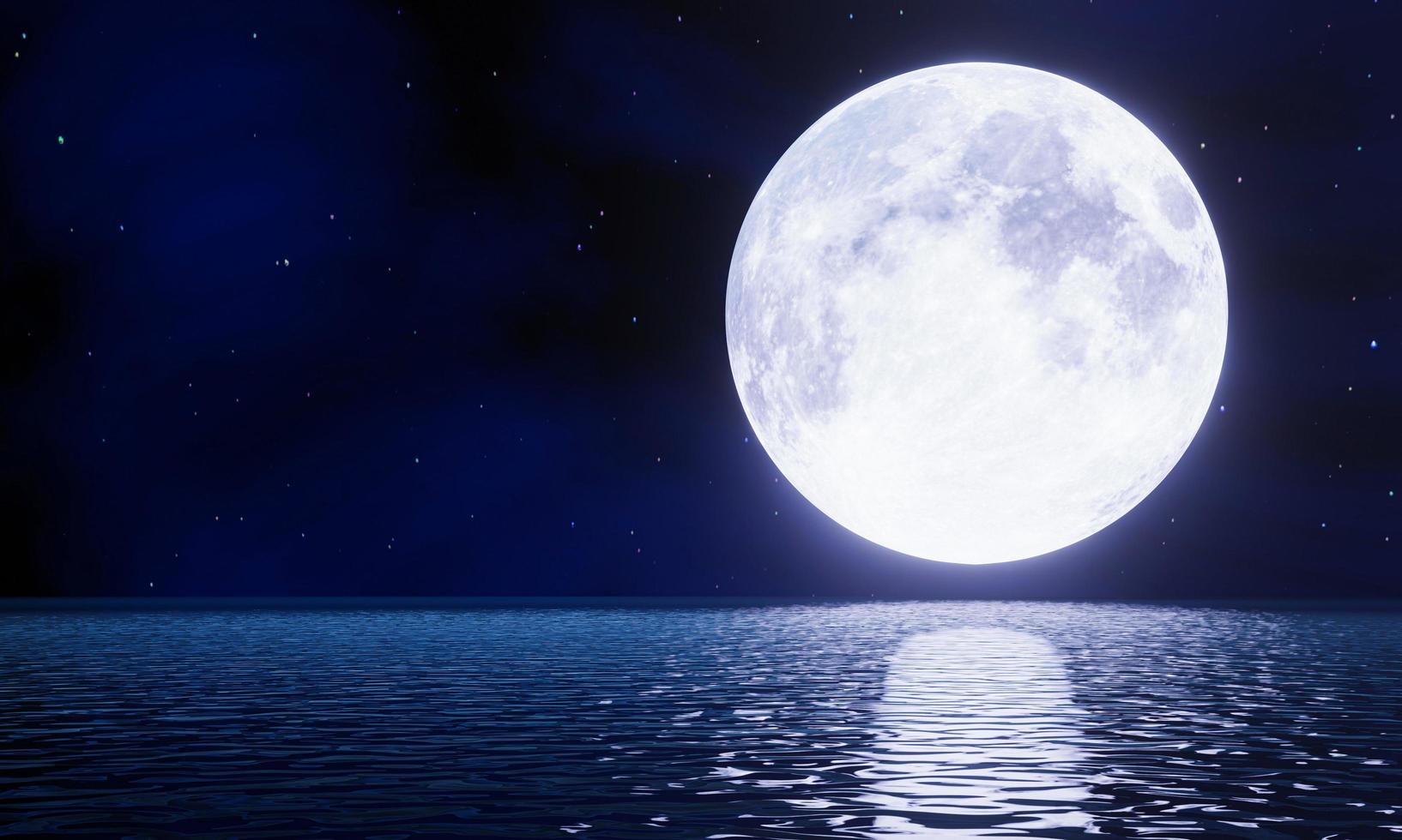 de blauwe volle maan wordt weerspiegeld in de zee. een golf van water van de oceaan naar het eiland. de lucht heeft veel sterren. rimpelingen op de zee 's nachts. 3D-rendering foto
