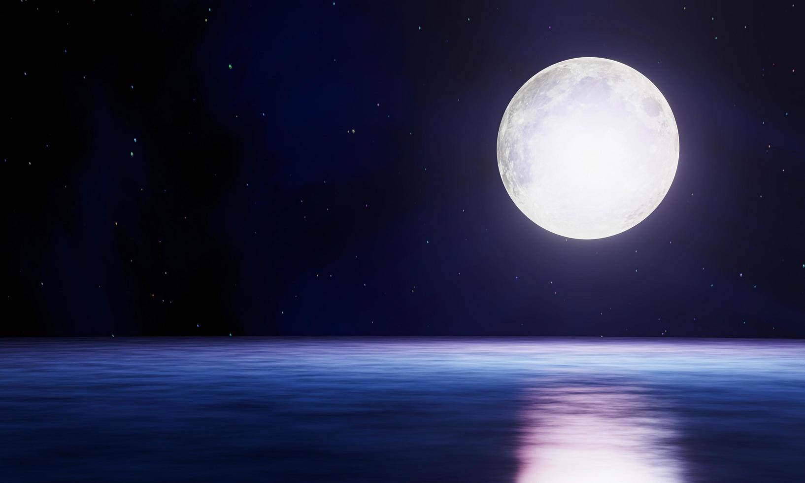 de blauwe volle maan wordt weerspiegeld in de zee. een golf van water van de oceaan naar het eiland. de lucht heeft veel sterren. rimpelingen op de zee 's nachts. 3D-rendering foto