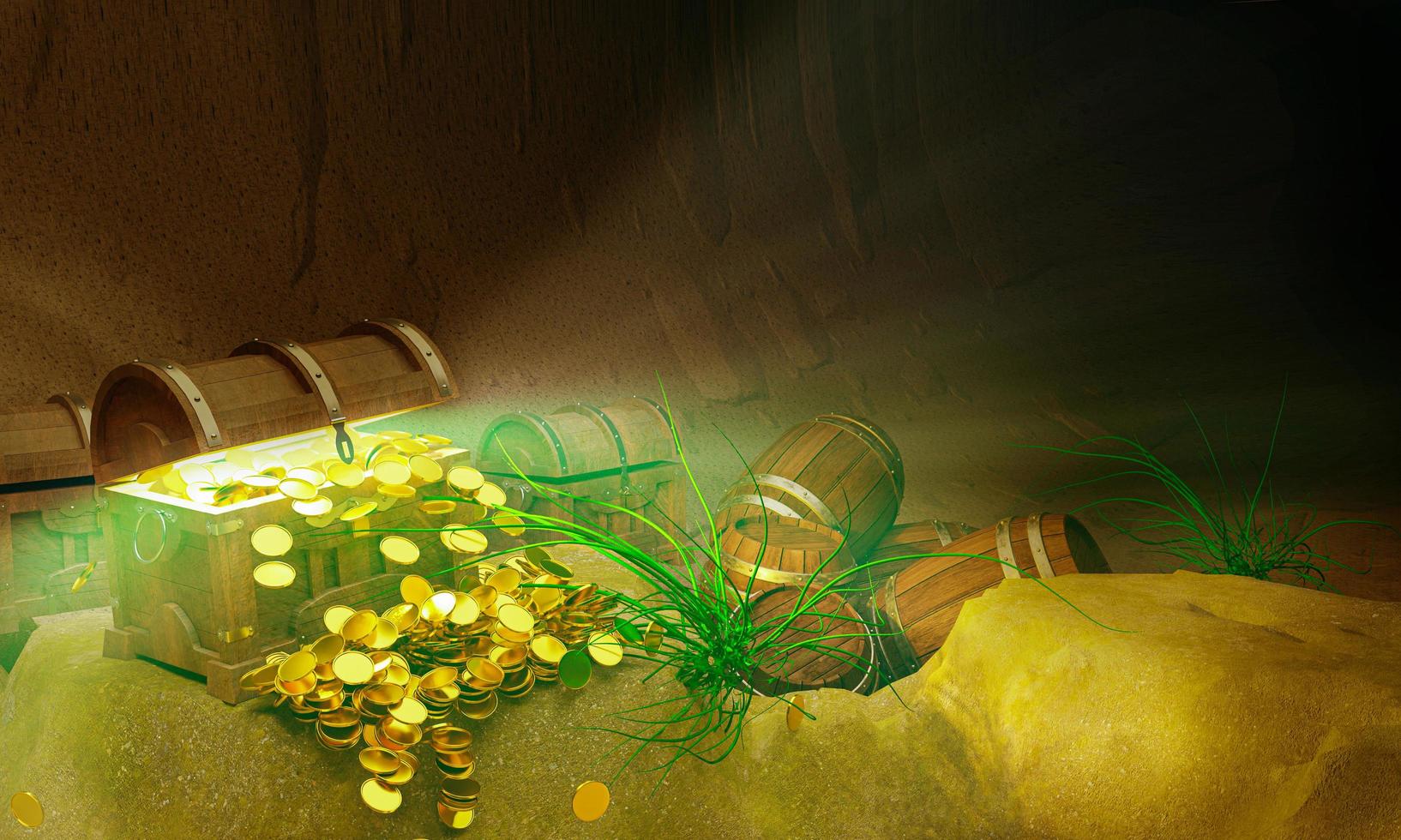 gouden munten en vintage schatkist gemaakt van houten panelen versterkt met goud metaal en gouden pinnen schatkisten geplaatst op het zand in een grot. de schat is verborgen door piraten. 3D-rendering foto